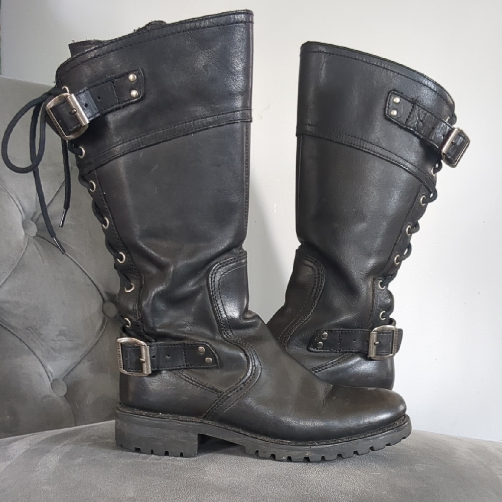 Harley-Davidson Womens 7.5 Alexa Back Lace Black Leather Motorcycle Boots
